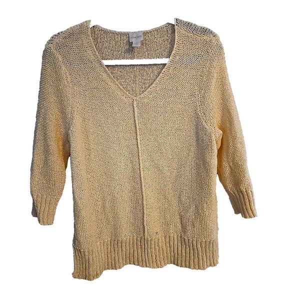 Chico's Yellow V-Neck Open Knit Stretch 3/4 Sleeve Pullover Sweater Womans Sz MD - Picture 1 of 4